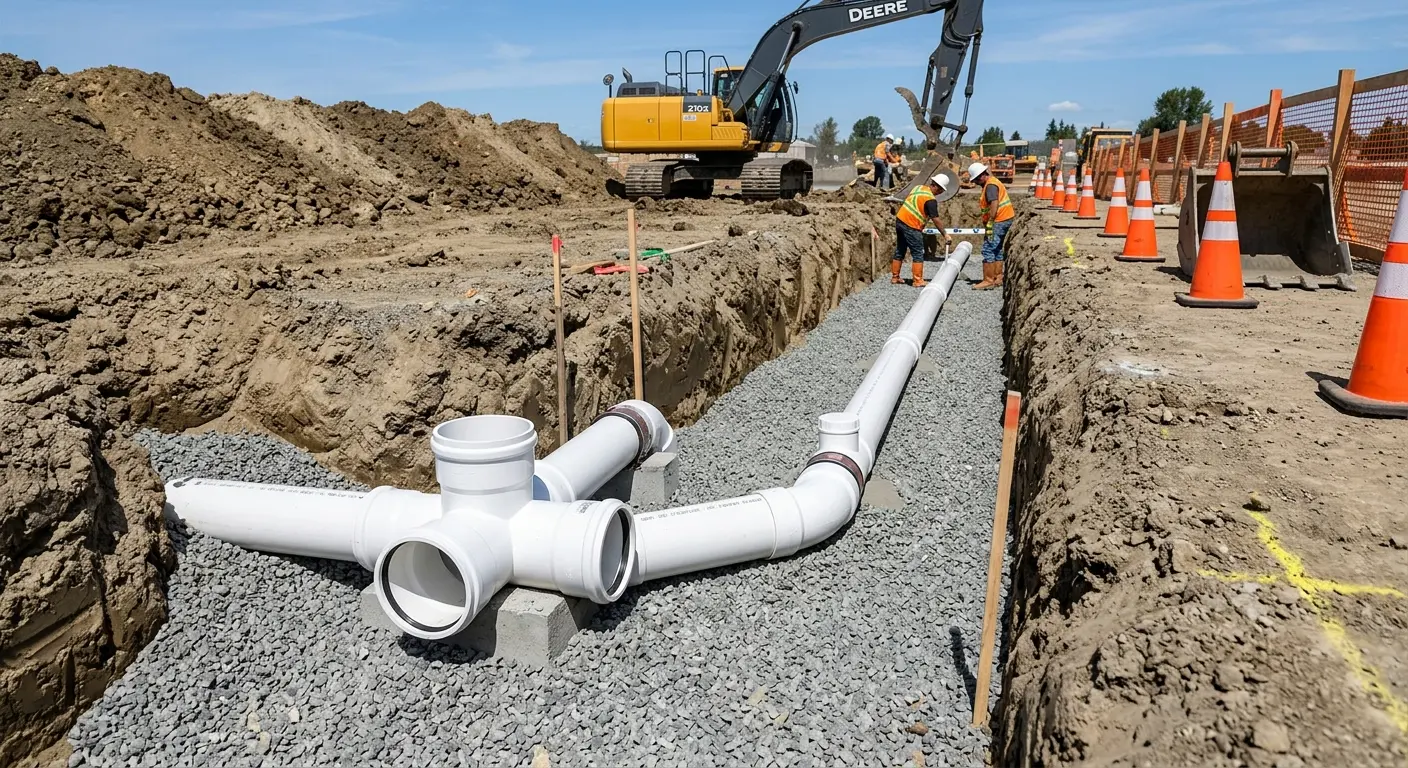 New PVC sewer pipe installation in open trench for Sewer Backup in Dover
